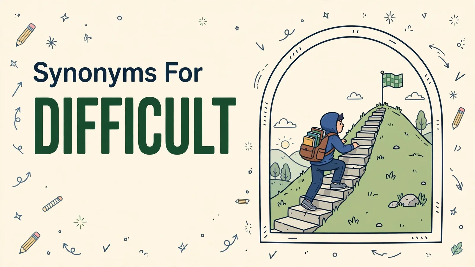 Synonyms for difficult illustration card with the word difficult in large green letters