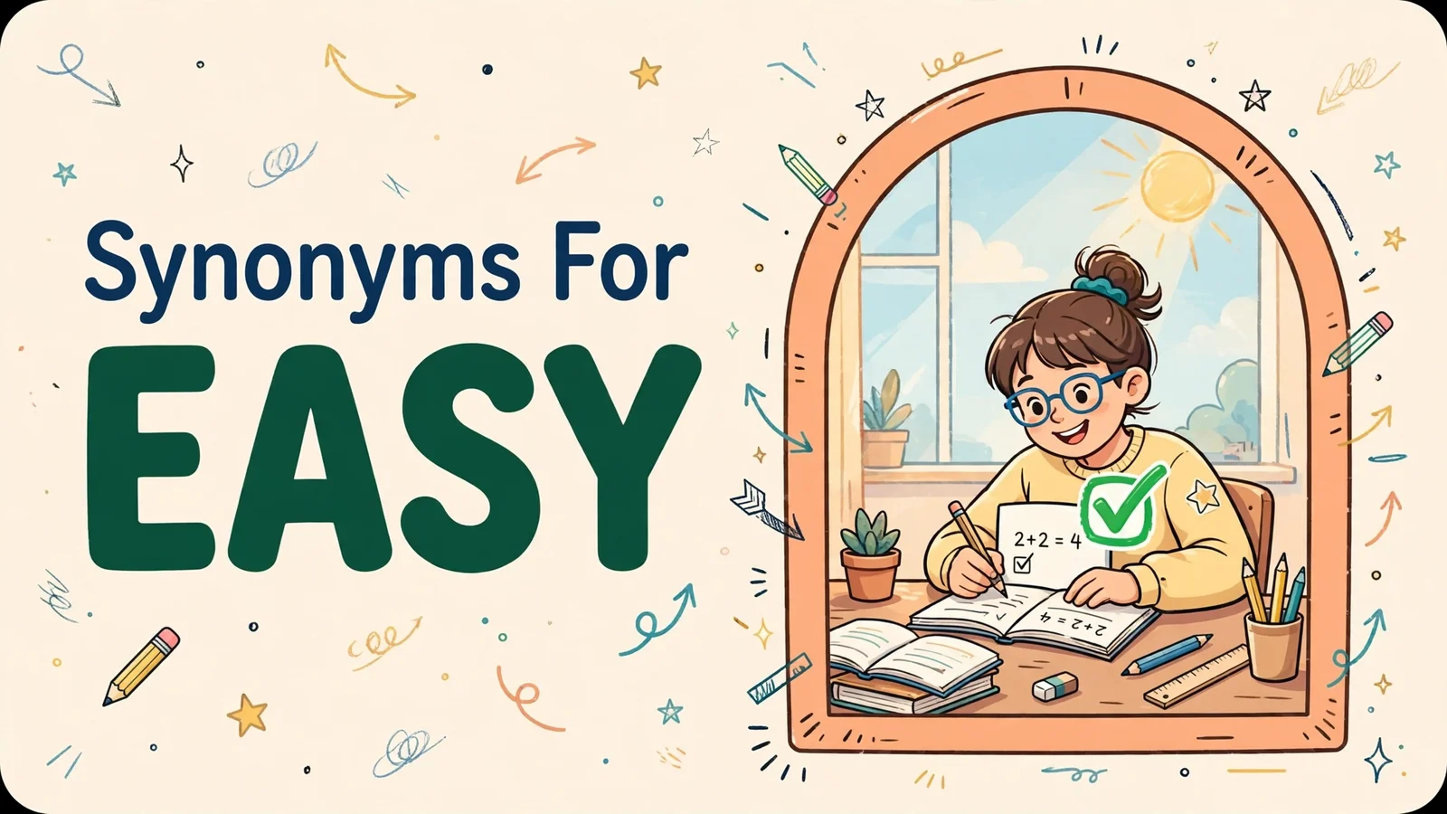 Synonyms for easy illustration card with the word easy in large green letters