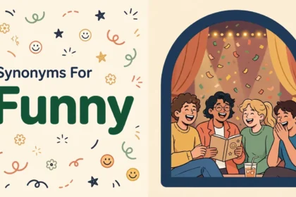 Funny synonyms illustration card.