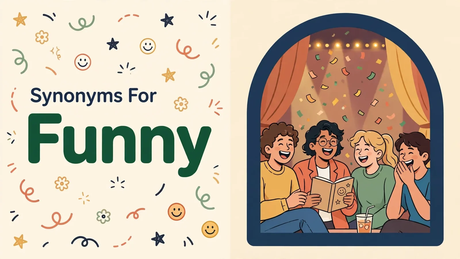 Funny synonyms illustration card.
