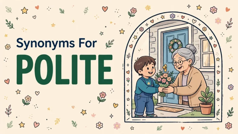 Synonyms for polite illustration card with the word polite in large green letters.