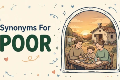 Synonyms for poor illustration card with the word poor in large green letters.
