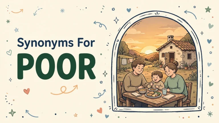 Synonyms for poor illustration card with the word poor in large green letters.