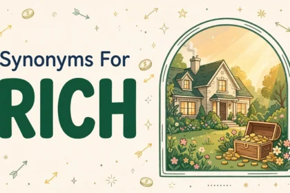 Synonyms for rich illustration card with the word rich in large green letters