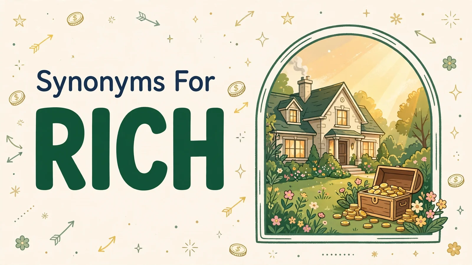 Synonyms for rich illustration card with the word rich in large green letters