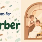 Synonyms for barber illustration card, friendly barber cutting a smiling customer's hair in a classic barbershop