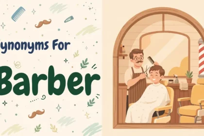 Synonyms for barber illustration card, friendly barber cutting a smiling customer's hair in a classic barbershop
