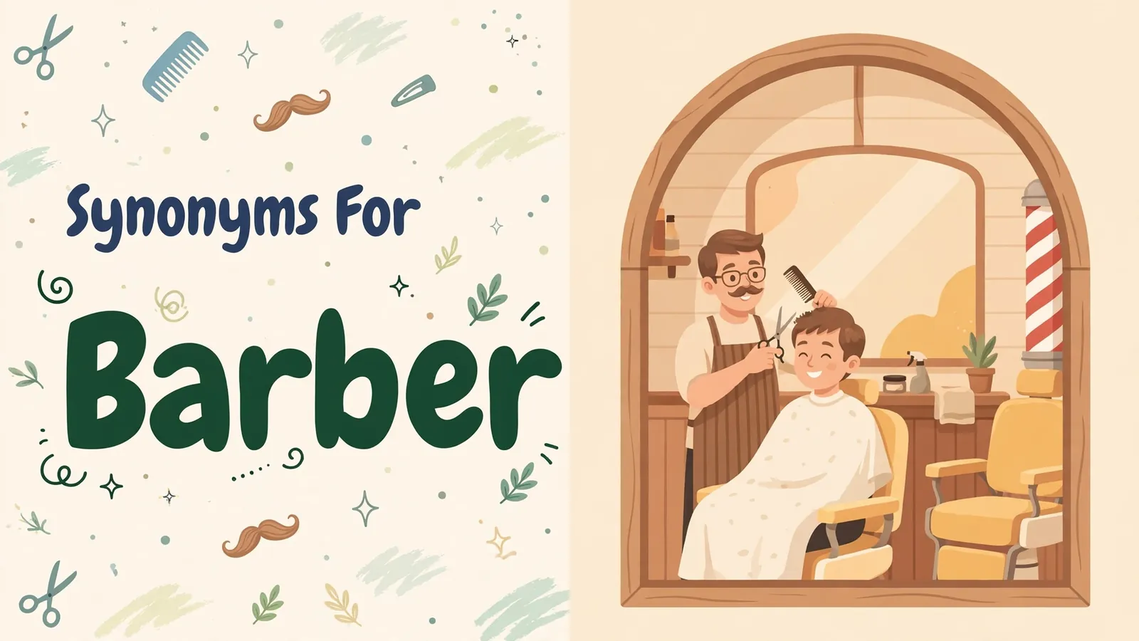 Synonyms for barber illustration card, friendly barber cutting a smiling customer's hair in a classic barbershop