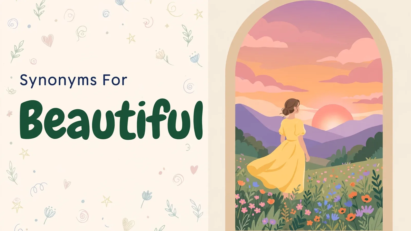 Synonyms for beautiful illustration card, woman in a yellow dress in a flower valley at sunset
