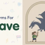 Synonyms for brave illustration card, young girl with a wooden sword facing a dragon shadow