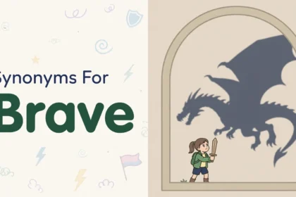 Synonyms for brave illustration card, young girl with a wooden sword facing a dragon shadow