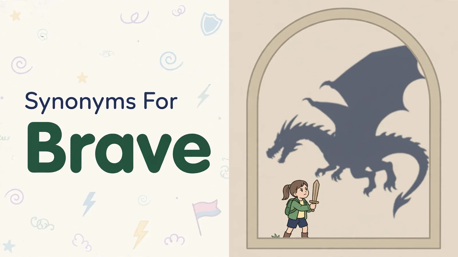 Synonyms for brave illustration card, young girl with a wooden sword facing a dragon shadow