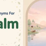 Synonyms for calm illustration card, person sitting peacefully by a still lake at sunrise