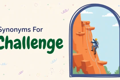 Synonyms for challenge illustration card, rock climber on a steep cliff