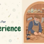 Synonyms for experience illustration card, craftsman teaching an apprentice at a workbench