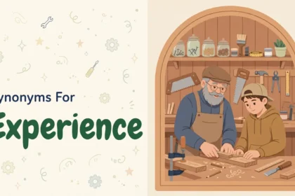 Synonyms for experience illustration card, craftsman teaching an apprentice at a workbench