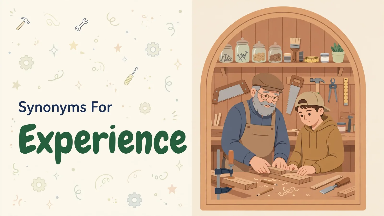 Synonyms for experience illustration card, craftsman teaching an apprentice at a workbench