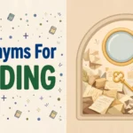 Illustration card showing synonyms for finding with a magnifying glass and golden key in a rounded arch window