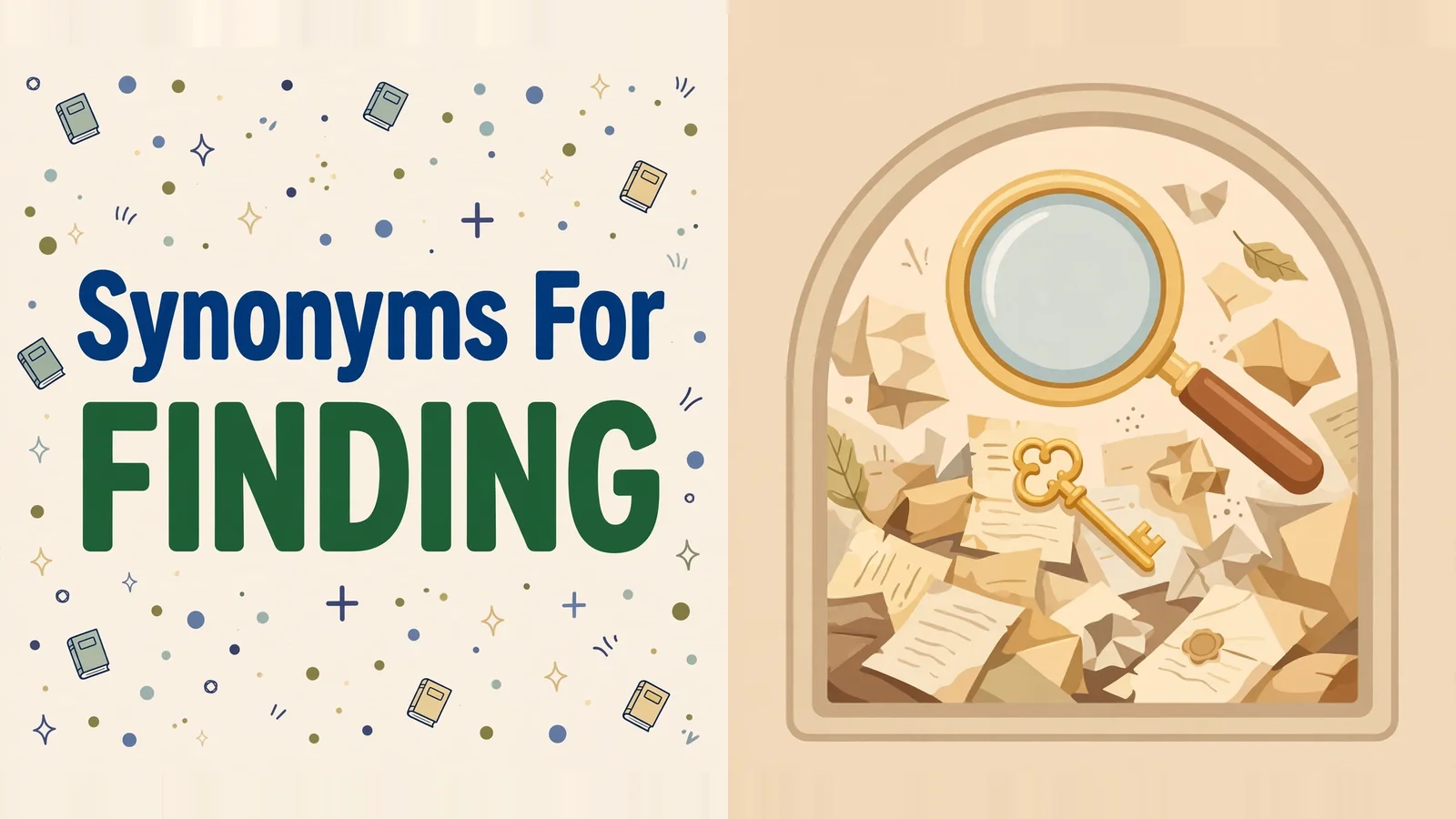 Illustration card showing synonyms for finding with a magnifying glass and golden key in a rounded arch window