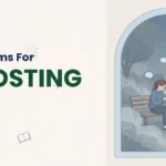 Synonyms for Ghosting title in dark green on a cream illustration card, with a sad young woman sitting alone on a park bench at dusk looking at her phone inside a rounded arch window
