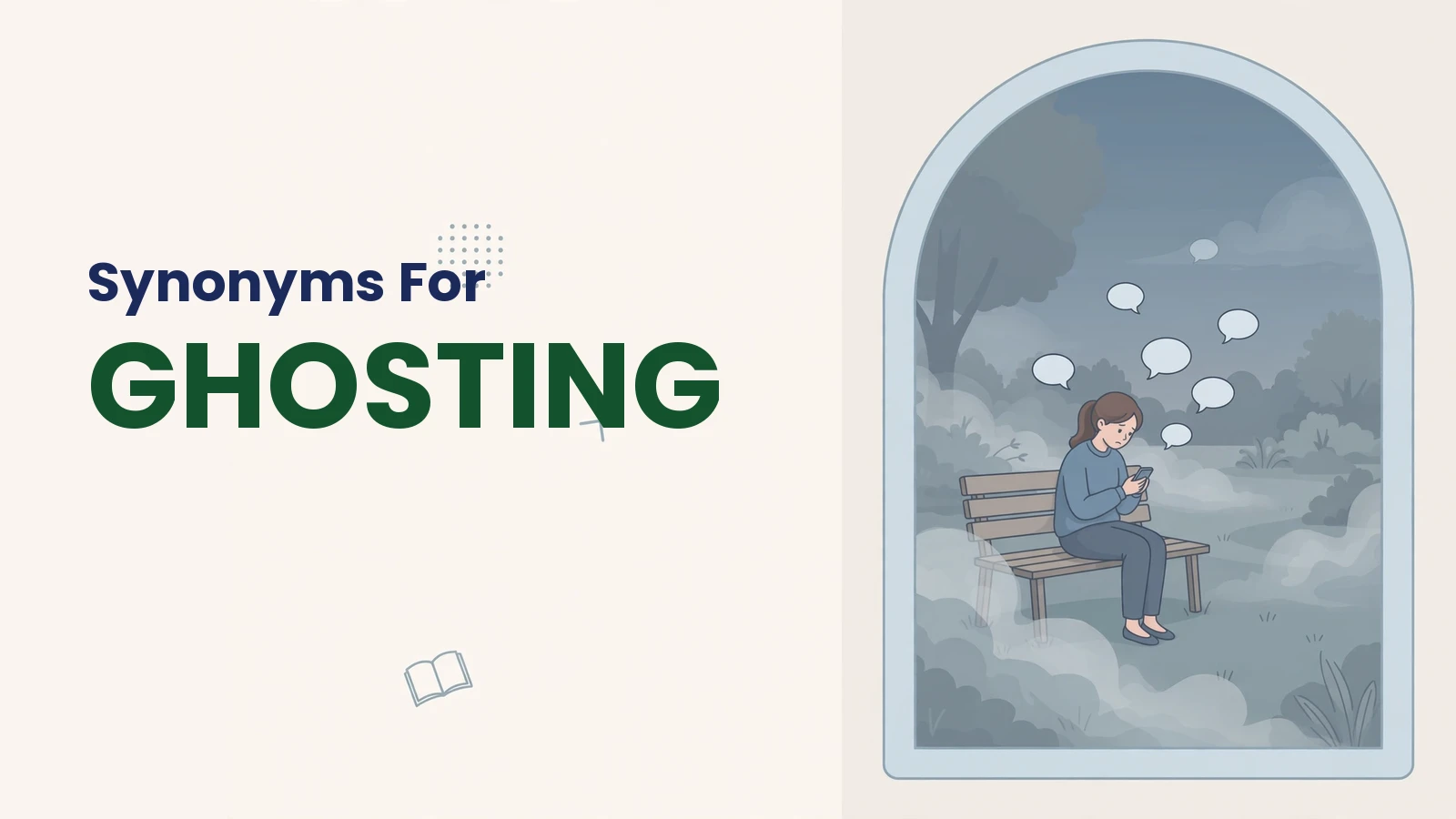 Synonyms for Ghosting title in dark green on a cream illustration card, with a sad young woman sitting alone on a park bench at dusk looking at her phone inside a rounded arch window