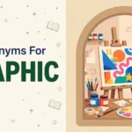 Illustration card with the word Graphic in bold green beside a rounded arch window showing a vivid colorful poster scene