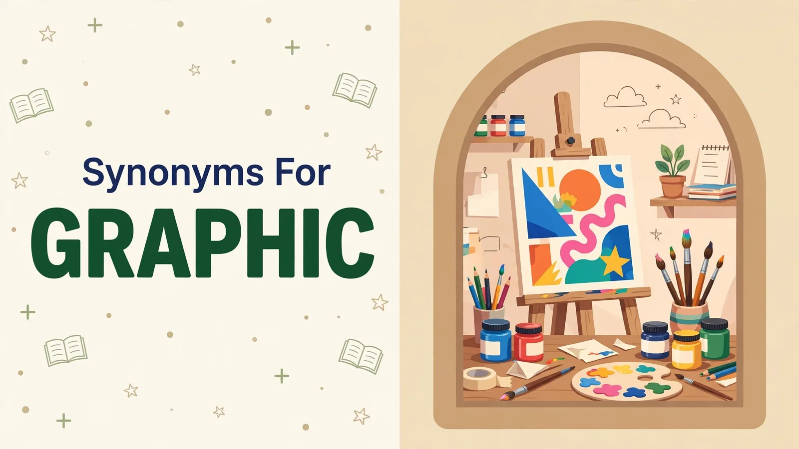 Illustration card with the word Graphic in bold green beside a rounded arch window showing a vivid colorful poster scene