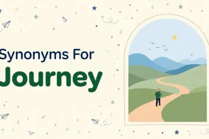 Synonyms for journey illustration card, traveler on a winding road toward mountains