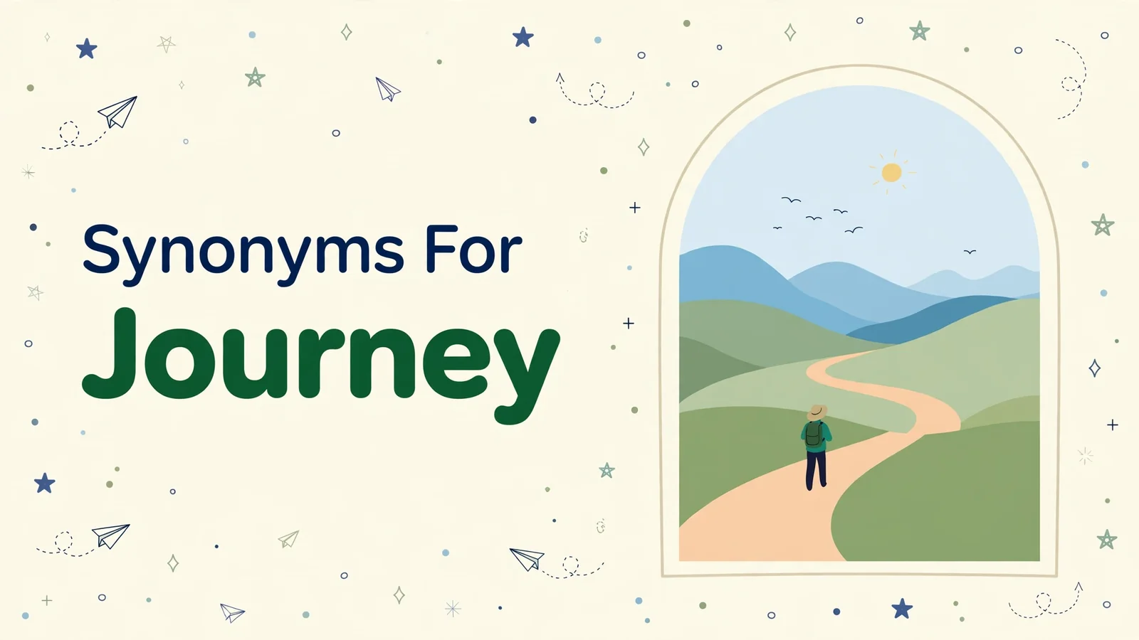 Synonyms for journey illustration card, traveler on a winding road toward mountains