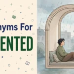 Illustration card with the word LAMENTED in dark green beside a rounded arch window with a rainy window scene