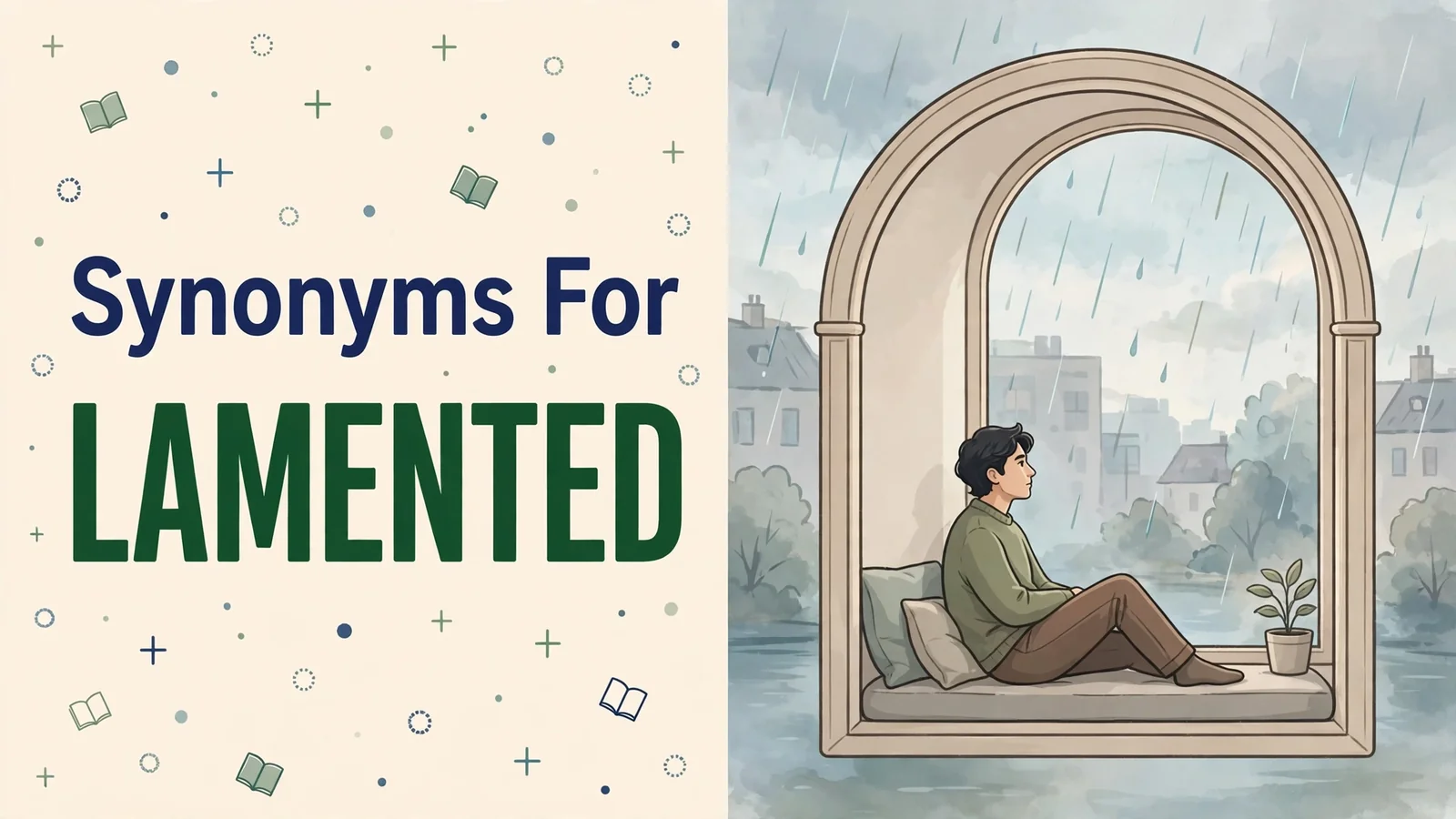 Illustration card with the word LAMENTED in dark green beside a rounded arch window with a rainy window scene