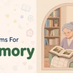 Synonyms for memory illustration card, elderly woman looking at a photo album