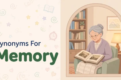 Synonyms for memory illustration card, elderly woman looking at a photo album