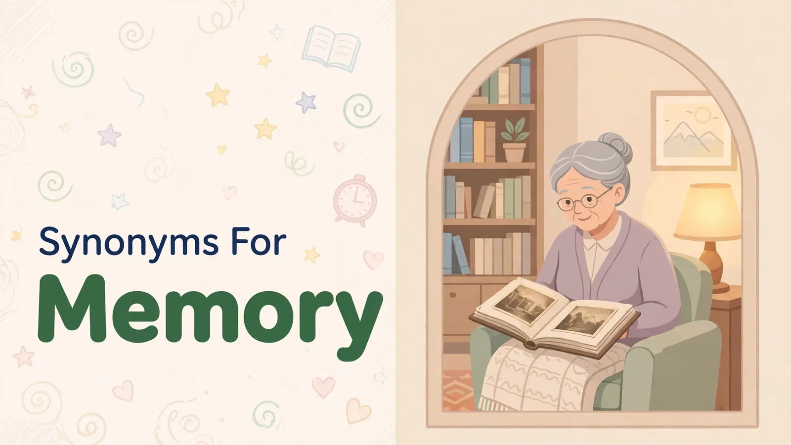 Synonyms for memory illustration card, elderly woman looking at a photo album
