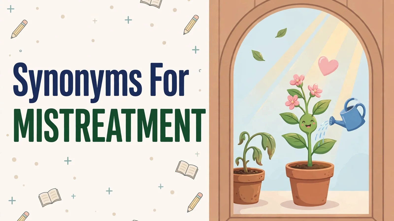 Illustration card with "Synonyms For MISTREATMENT" text and a rounded-arch window showing a wilting plant being watered back to health
