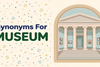 Illustration card with the word MUSEUM in dark green beside a rounded arch window showing a museum building