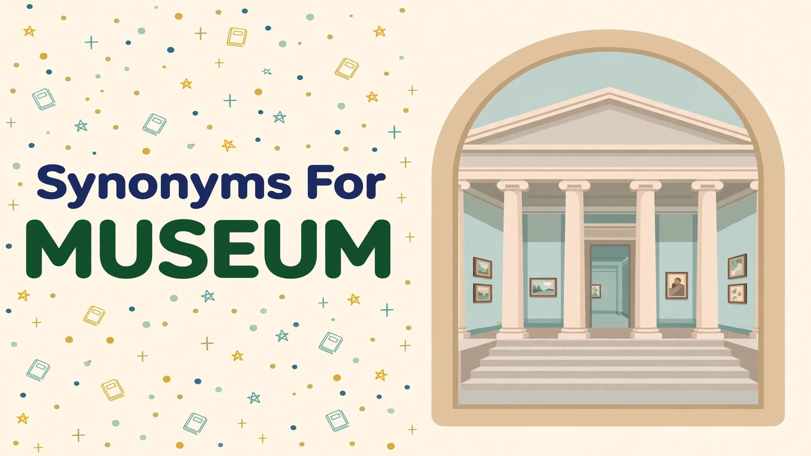 Illustration card with the word MUSEUM in dark green beside a rounded arch window showing a museum building