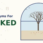 Illustration card showing synonyms for naked with a bare winter tree in a rounded arch window