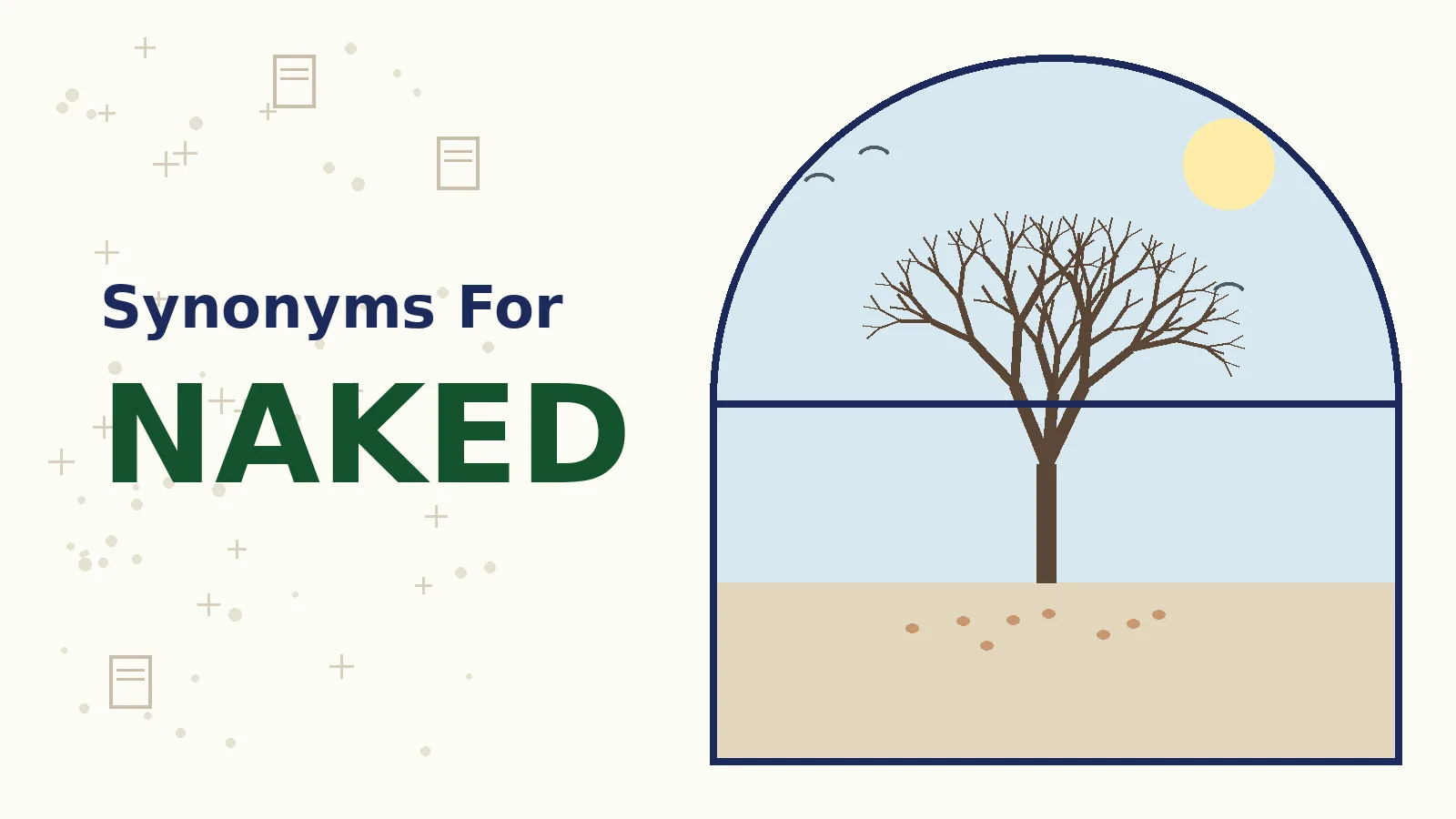 Illustration card showing synonyms for naked with a bare winter tree in a rounded arch window