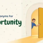 Synonyms for opportunity illustration card, man opening a glowing golden door