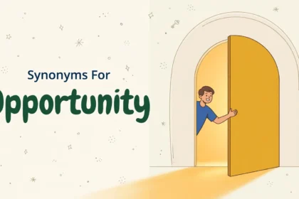 Synonyms for opportunity illustration card, man opening a glowing golden door