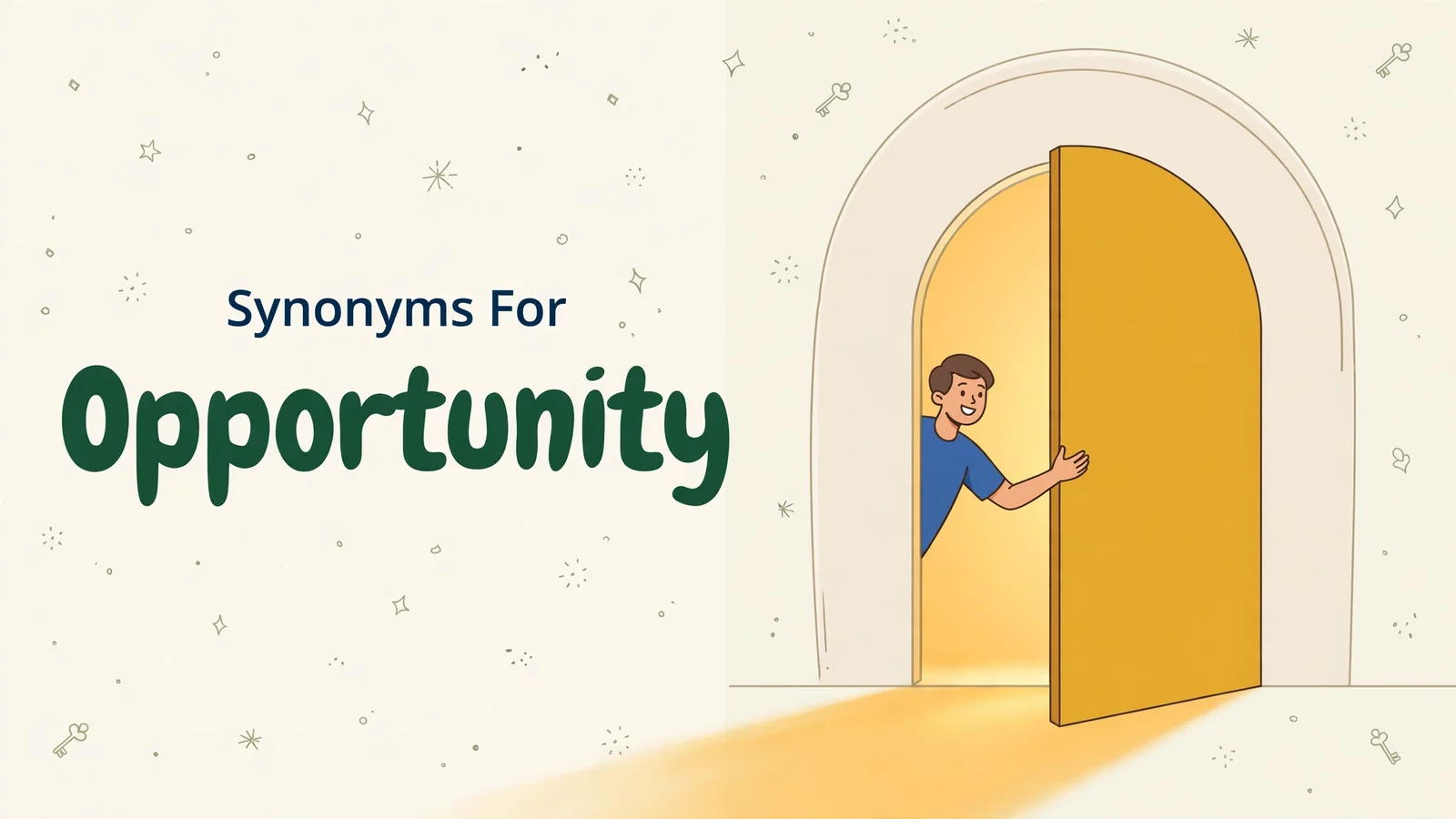 Synonyms for opportunity illustration card, man opening a glowing golden door