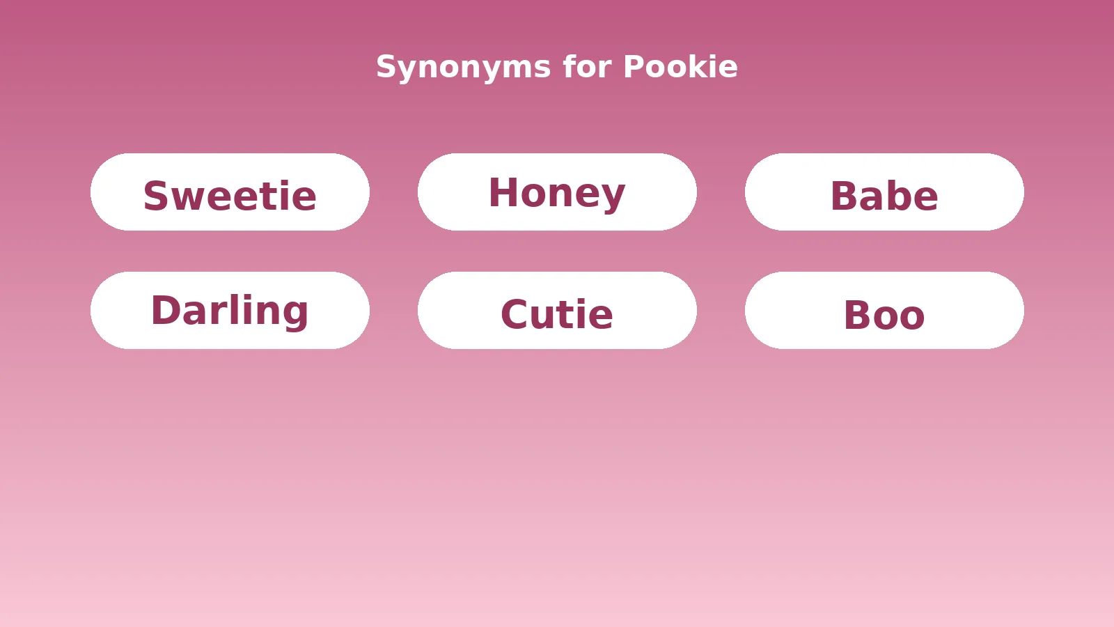 Synonyms for Pookie — Sweetie, Honey, Babe, Darling, Cutie, Boo