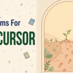 Illustration card showing synonyms for precursor with footprints leading to a young sprouting plant