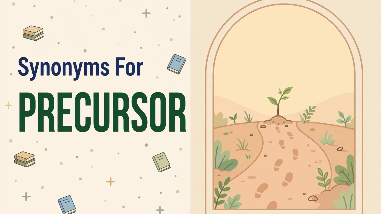 Illustration card showing synonyms for precursor with footprints leading to a young sprouting plant