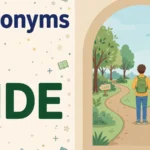 Illustration card with the word SIDE in dark green beside a rounded arch window with a person at a fork choosing between two sides of a path