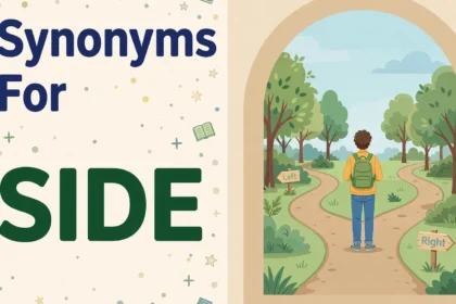 Illustration card with the word SIDE in dark green beside a rounded arch window with a person at a fork choosing between two sides of a path
