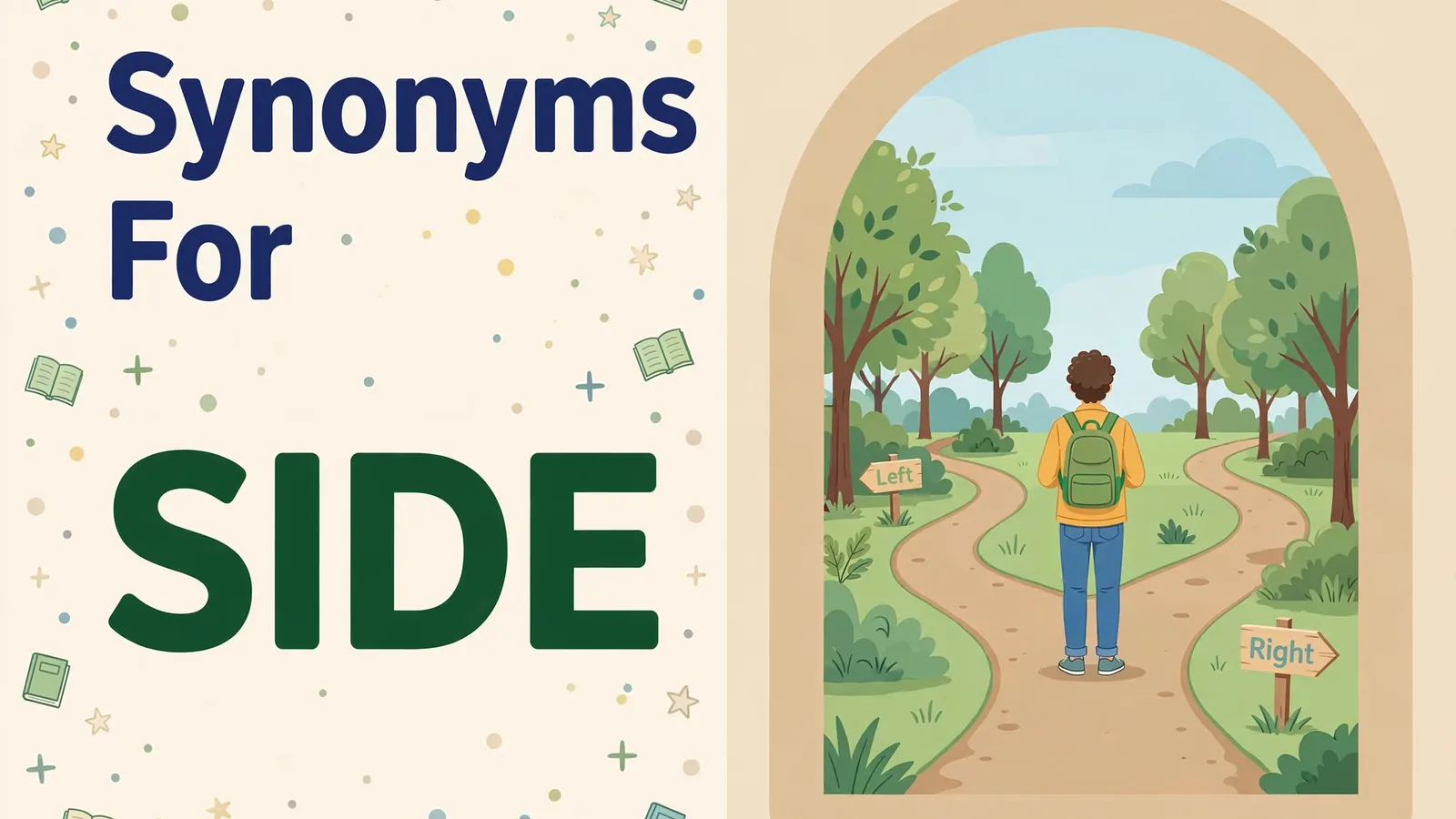 Illustration card with the word SIDE in dark green beside a rounded arch window with a person at a fork choosing between two sides of a path