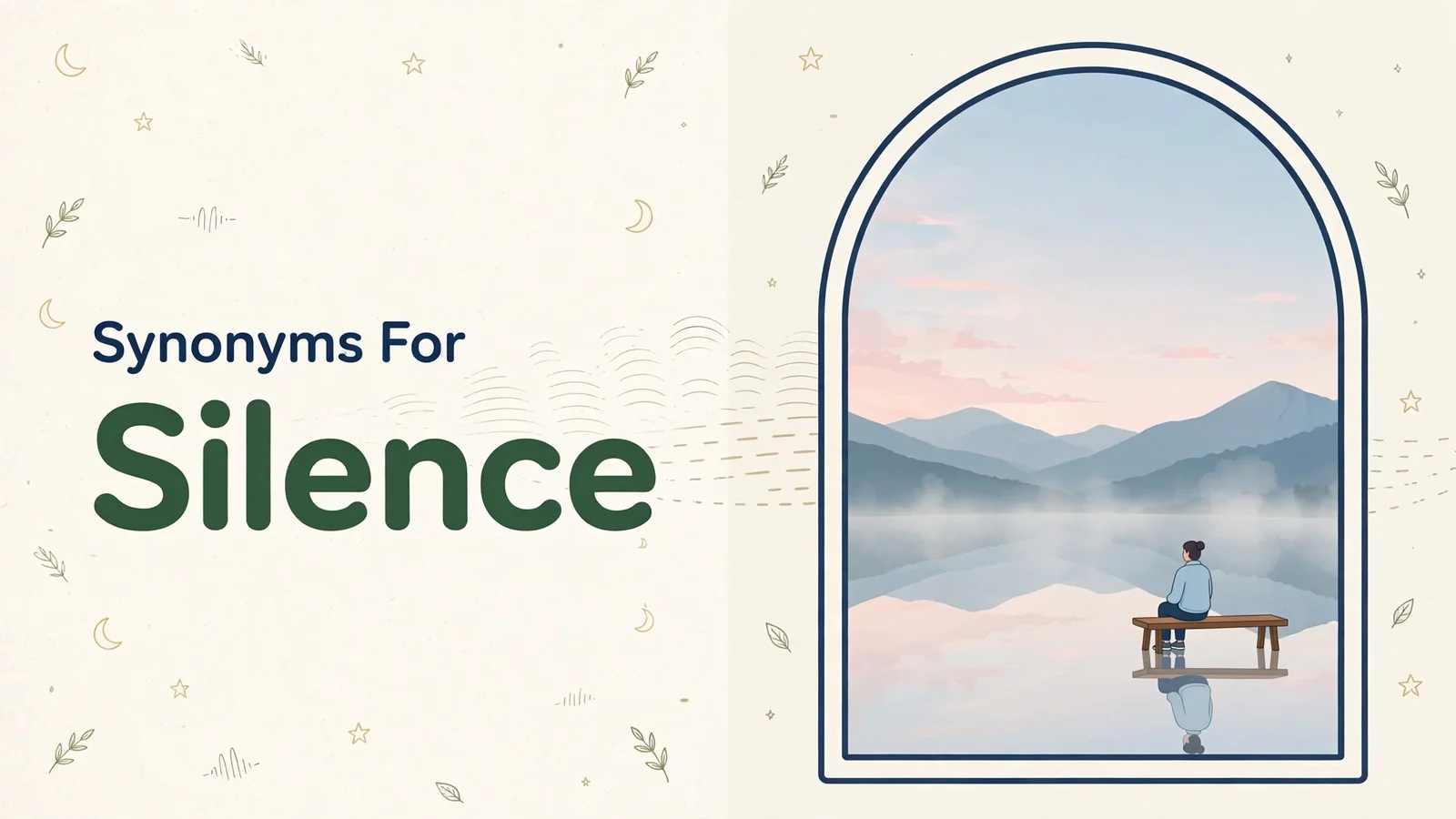 Synonyms for silence illustration card, person sitting by a still lake at dawn