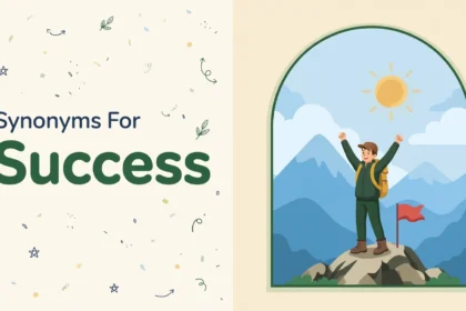 Synonyms for success illustration card, hiker celebrating on a mountain summit